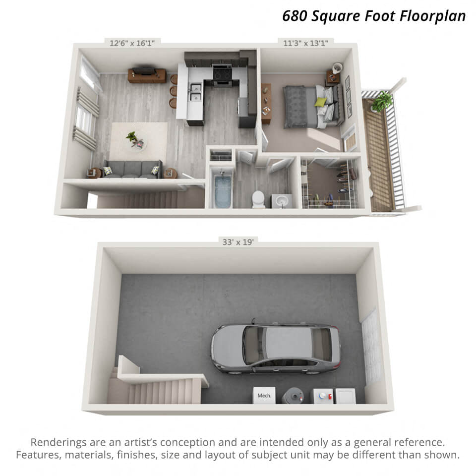 Floor plan for 1 bed, 1 bath, 680 sqft